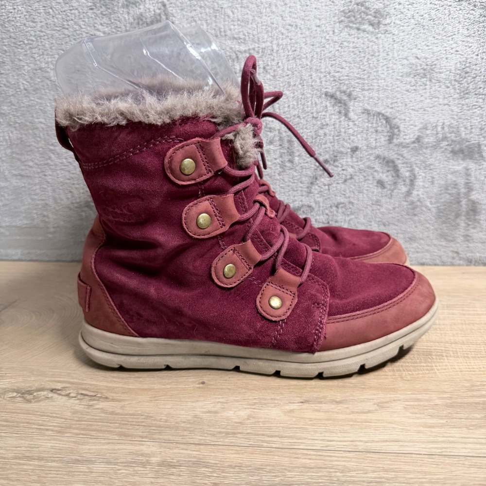 Sorel Explorer Joan Boots Women 10 Burgundy Waterproof Suede Faux Fur Lined‎